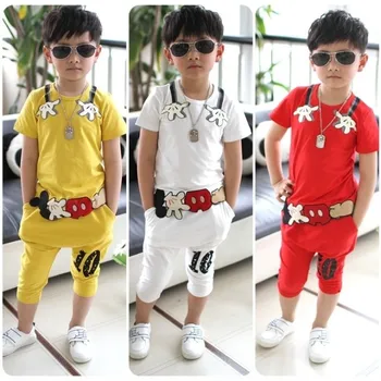 100% algodão Personagem de verão de manga curta crianças roupas de criança de bebê menino conjunto de roupas de terno branco, amarelo, vermelho, 2-9Ages