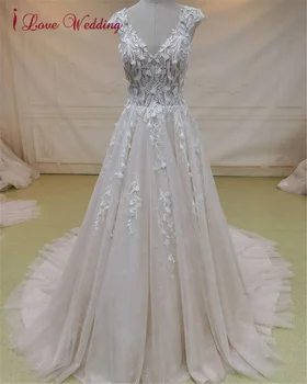 100% Real Personalizado Lace Apllique Uma Linha Gliter Tule Chic Vestido de Noiva Decote em V Manga Lindo Vestido de Noiva robe de mariée