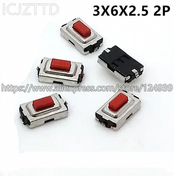 100pcs 3x6x2.5mm Vermelho Micro-Interruptor 3*6*2.5 mm SMD 2P 3.6x6x2.5mm H=2,5 mm Botão de interruptores interruptor de chave Tact Switch