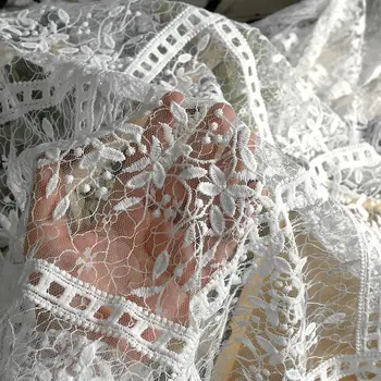 100x140cm Luxo Branco Bordado francês Net Tecido de Renda DIY Cortina de Sobremesa Toalha de mesa Fonte de Vestido de Noiva Decoração de Tecido