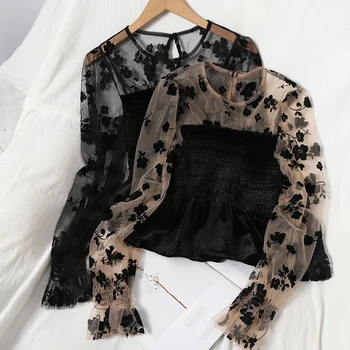 2021 Impressão Mulheres ShirtsFashion de Veludo coreano Moda Vintage Outono Inverno muito Sensual sleeveO - pescoço Malha Patchwork Blusas, Tops