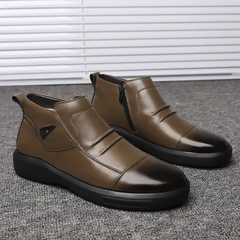 2022 Inverno dos Homens Novos Sapatos de Couro Casual Alta Britânica Superior do Dedo do pé Redondo Conjunto de Couro, Além de Veludo de Algodão, Sapatos Botas
