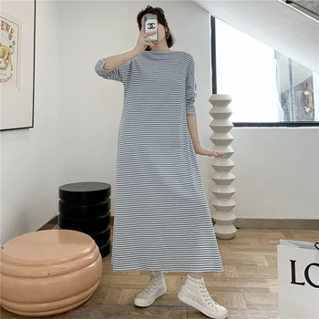 2023 Primavera, Outono Coreano De Moda Manga Longa Vestido De Mulher Vestidos Casuais Solta De Algodão Listrado Maxi Vestidos Longos Para As Mulheres