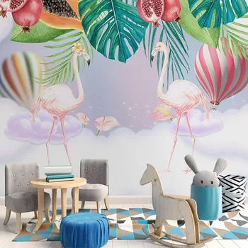 3D personalizado Mural de Parede Para Crianças Pintadas à Mão da Folha de Balão de Ar Quente cor-de-Rosa Flamingo Crianças Quarto Quarto, papel de Parede, Pintura de Parede