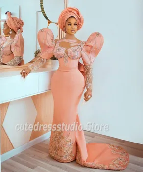 Africano-De-Rosa Vestidos Longos De Mangas Beading Apliques Árabe Vestido De Baile Aso Ebi De Recepção De Casamento Vestidos De