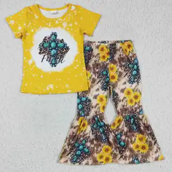 alta qualidade de roupas meninas jóia padrão de amarelo manga curta girassóis impressão de boca-de-sino bebê roupas de menina 2 pcs crianças vestuário