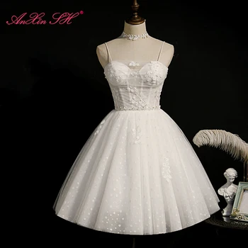 AnXin SH Luxo princesa pequena flor de renda de alcinhas sem mangas a linha de festa curto vestido de noite vestidinho branco