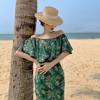 As Mulheres De Longo Verde Off Ombro Vestido Floral Sundress Verão 2022 Pista Elegante Tropical De Fadas Mar Férias De Praia Vestidos De Festa