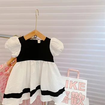Bebê bonito Meninas de Manga Curta Vestido para Festa de Moda de Verão de Contraste de Cor Sopro de Crianças Manga Princesa Vestidos para Aniversário