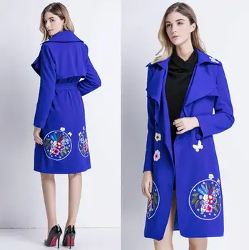 Bordado azul trench coat para as mulheres de mangas compridas, casacos para mulheres de fino casaco mulher europeu da primavera de senhoras jaqueta feminina