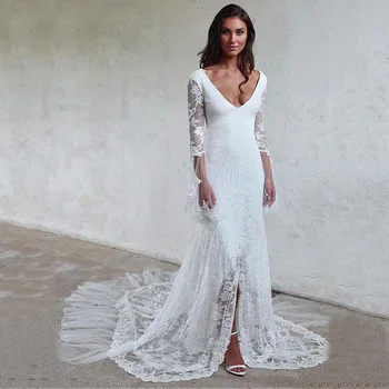 Branco Vestido de Noiva de Renda em 3D Flor O-pescoço Longo da Luva Simples Vestidos de Noiva Zíper Personalizado Feito de Plus Size Vestido de Noiva
