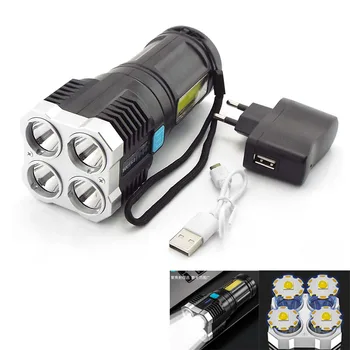 Brilhante Super do DIODO emissor de luz 4 Lanterna da ESPIGA do Lado de Luz Recarregável USB Multifuncional Tocha Portátil Adequado Para Acampar ao ar livre