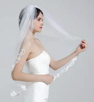Casamento Véu de Noiva, com Pente de 2 Camadas de Apliques de Renda Borda de 3M de comprimento