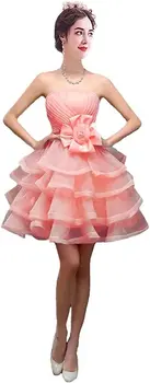 Charmingbridal Strapless Vestidos de Regresso a casa para Juniores Organza Plissado em Camadas Curto Prom Vestido de Festa Noite com Flor