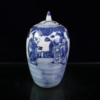 China archaize o Dinastias Ming e Qing Azul e a Branca da Porcelana do Jar Pintura Mitologia Figura Fu Lu Shou Enfeites Decoração