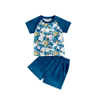 Crianças roupas de verão cartoon robô azul t-shirt conjunto de atacado criança de roupas infantis calções de rapaz roupas