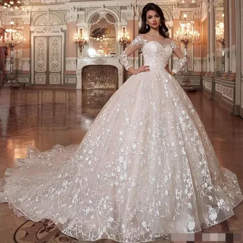 Dubai Arabisch Princesse Ballkleid Hochzeit Kleider 2020 Elegante Spitze Applique Glänzende Braut Kleider nach maß