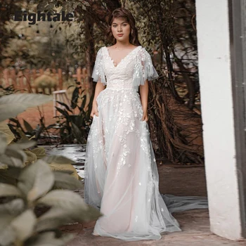 Eightale Boho Vestidos de Casamento do Laço com Decote em V Uma Linha sem encosto Mangas Branco Marfim Vestido de Noiva Vestido de Noiva vestidos de noiva