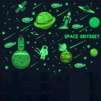Espaço luminoso Planeta Foguete Adesivo de Parede dos desenhos animados Fluorescente Interestelar Roaming Crianças da Sala Verde Luz Info.