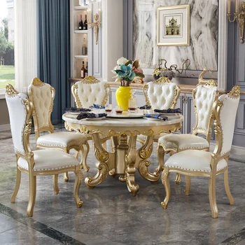 Europeia mesa de jantar Americano luz em mármore de luxo mesa redonda com mesa giratória de mesa de jantar e cadeira combinação de 6 pessoa sólido