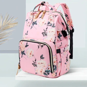Floral Saco de Fraldas Mochila Baby Bag duplo, Multi-funcional de Viagem mochila Built-in Porta USB de Carregamento