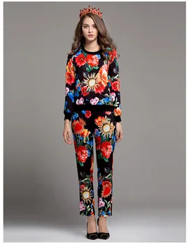 Grande venda de mulheres Brand new alta qualidade de impressão floral camisolas+calças de dois conjunto de peças de Moda leisure suit