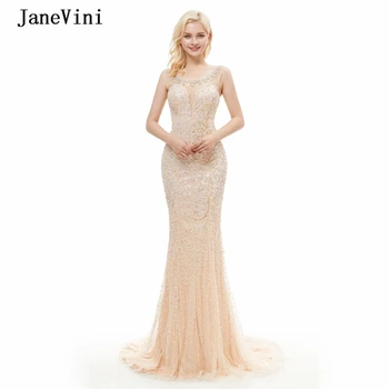 JaneVini De Cristal De Luxo Sereia Dubai Longos Vestidos De Noite 2020 Pescoço De Colher Cheia Frisado Sem Mangas De Tule Árabe Sexy Vestido De Noite