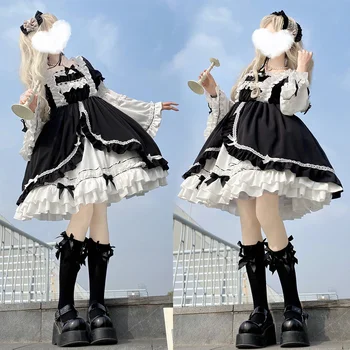 Japonês Gothic Lolita Vestido de Menina Kawaii Arco Lace Vestido Preto de Manga Longa Princesa Vestido de Traje de Halloween Presente para as Meninas