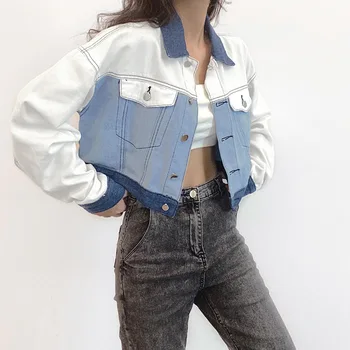 Jaqueta jeans 2023 Mulheres Bloco de Cores a Moda Feminina pêlo Curto Legal Bottons de Lapela Slim de manga comprida Mulher Tops, Casacos de Primavera