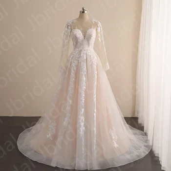 Lindo Champanhe Vestidos De Casamento Do Laço De Mangas Compridas, Vestidos De Noiva Decote Ilusão Vestidos De Noiva Espartilho De Volta Appliqued