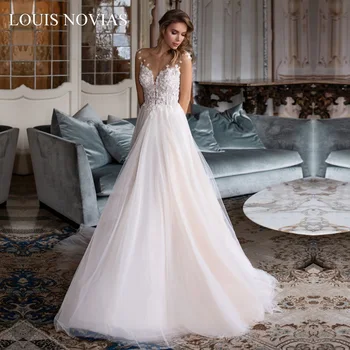 Louis Novias Novo Vestido de Noiva 2020 Vestidos De Noiva Simples cor-de-Rosa sem Mangas Laço Romântico Decalque V-pescoço de Noiva de Sonho de Princesa