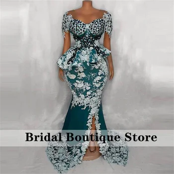 Luxo Verde Africano Sereia Vestidos De Noite Pura Decote Frisado Apliques De Cristal De Convidados Do Casamento Vestidos De Aso Ebi Vestes De Soirée