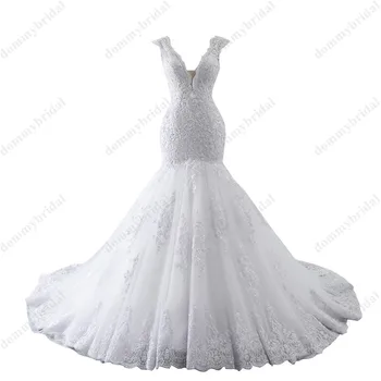 Luxuoso Profundo decote em V Sereia Baratos Vestidos de Noiva de Volta Aberto Applique Lace Enfeites de Lantejoulas Vestidos de Noiva Plus size Petite