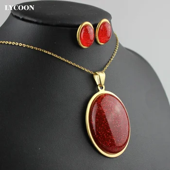 LYCOON pingente de aço inoxidável banhado a ouro especial de cor de resina de pedra forma de ovo pingente de colar, brincos conjuntos de jóias para as mulheres