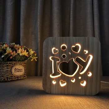 Madeira de Amor a Luz da Noite Usb Plug de Decoração de Casa de Cama de Lâmpadas para a mesa de Cabeceira Lâmpada com Usb Quarto de Criança Presente Decorativo de Iluminação LED