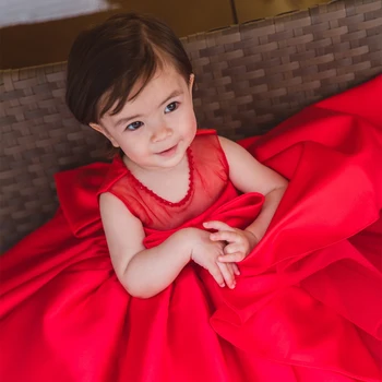 Menina de Vestidos para Casamento Beading Tule Vermelho Festa de Bola Vestido da Menina Vestido de Batismo Concurso Infantil de Primeira Comunhão de Roupas