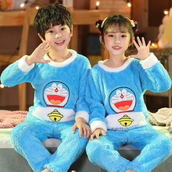 Meninas novas Pijama Quente Engrossar Inverno, Pijamas de Flanela Crianças do Coral do Luxuoso dos desenhos animados de Pijamas para os Meninos Crianças Roupa de Homewear