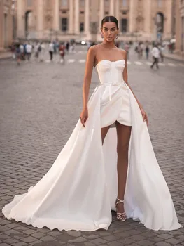 Mini Vestido de Casamento com Trem Destacável Querida vestido sem Alças Simples Vestido de Casamento para a Noiva de Cetim Branco Curto Vestido de Noiva Personalizado