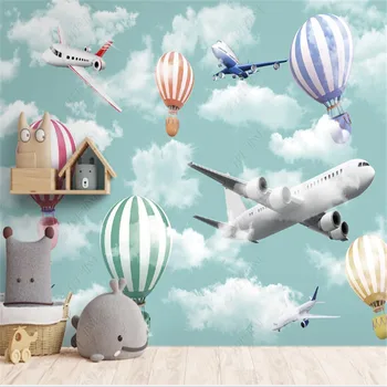 Moderna papel de Parede para Quarto de crianças de Balão de Ar Quente de Avião Nuvem do Céu Sala de Crianças de Fundo, Papéis de Parede Decoração Mural