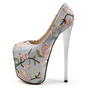 Mulheres Bombas de Renda Emenda Floral em Tecido Jacquard Vintage Escorregar No 19CM Fino Salto Alto Dedo do pé Redondo flor da impressão sapatos para mulheres