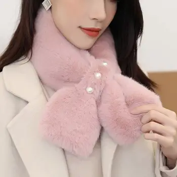 Mulheres Coreanas Pérola Cor Sólida Inverno Engrossar Cruz Branca Quente Lenço Linda Garota Falso Coelho Gola De Pele De Pescoço, Protetor De Pelúcia Lenços