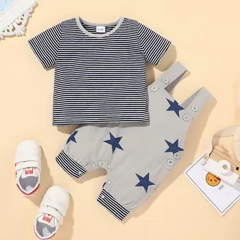 Nova Moda de Manga Curta Menino Conjunto de Roupas de Criança do Bebê O-pescoço Stripe T-shirt+Cinto Calças do Terno 3-36M Conjunto de Roupas de Bebê