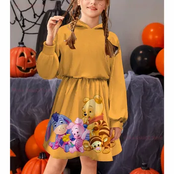 Novo outono e inverno Disney Winnie the Pooh casual princesa capuz vestido de impressão roupas para crianças dos desenhos animados vestido de princesa