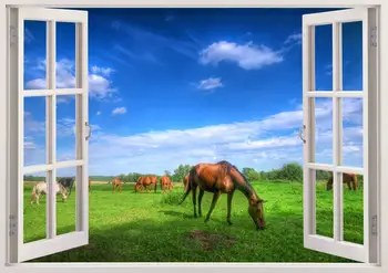 O cavalo selvagem adesivo de parede da janela de visualização 3D, cavalo de autocolantes de parede para decoração de casa, colorido cavalos de arte de parede para o berçário crianças deco home de