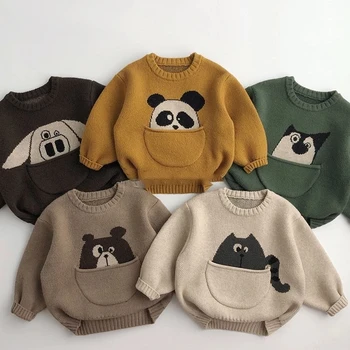 Outono Inverno Novo desenho animado Camisola do Pulôver Meninos Bolso Panda de Malha Camisa Meninas Soltas Bonito Tops de Todas as Crianças-jogo de Roupas
