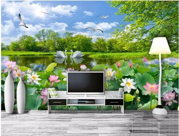 Personalizado com foto 3d papel de parede do quarto Romântico lago dos cisnes lotus pond paisagem sala de pintura 3d murais de parede papel de parede para parede 3 d