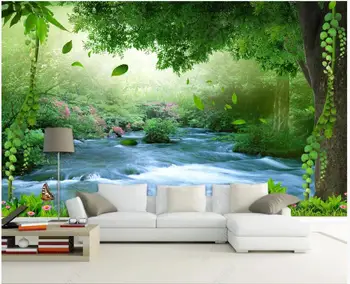 Personalizado com foto de papel de parede para parede 3 d murais Idílica floresta natural ambiente pequeno riacho de água corrente de fundo, papéis de parede