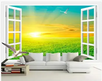 Personalizado mural de fotos em 3d papel de parede janela Branca prados selvagens nascer do sol de beleza, decoração sala de estar papel de parede para parede 3 d