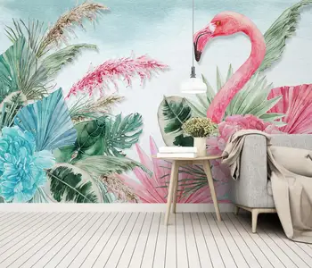 Personalizados em 3D Cartoon cor-de-Rosa flamingo folhas de plantas Foto Murais de Parede papel de Parede Para Quarto de Crianças, Quarto Sala Decoração de papel de parede