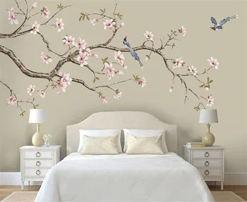 Personalizados em 3D papel de Parede 8D Mural Magnolia pintados à Mão, Flores e Pássaros Novo Chinês Quarto Sofá da Sala na Parede do Fundo